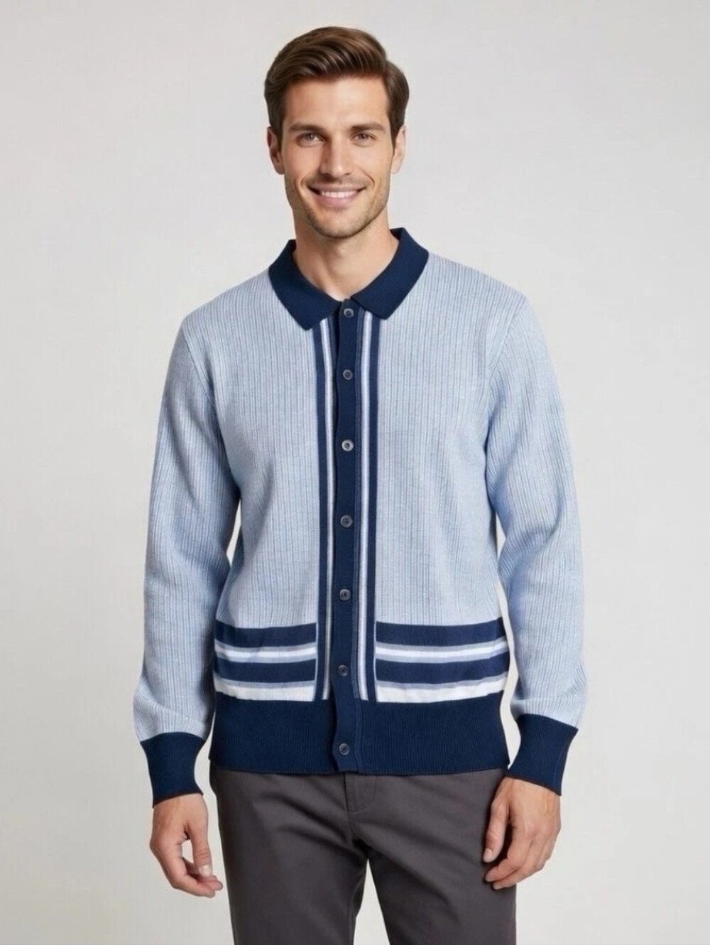 NWT Report Collection Men’s Blue Stripe Button-Up Cardigan – Size Large